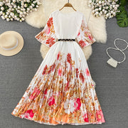 High Quality High Waist Short Sleeve Color Print Pleated O-Neck Dress
