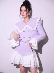 Fashion Sweet Office Lady Pearl Jacket Sets Double Breasted Ruffles Spliced Coat Outfits Light Purple Mini Skirt Two-Piece Set