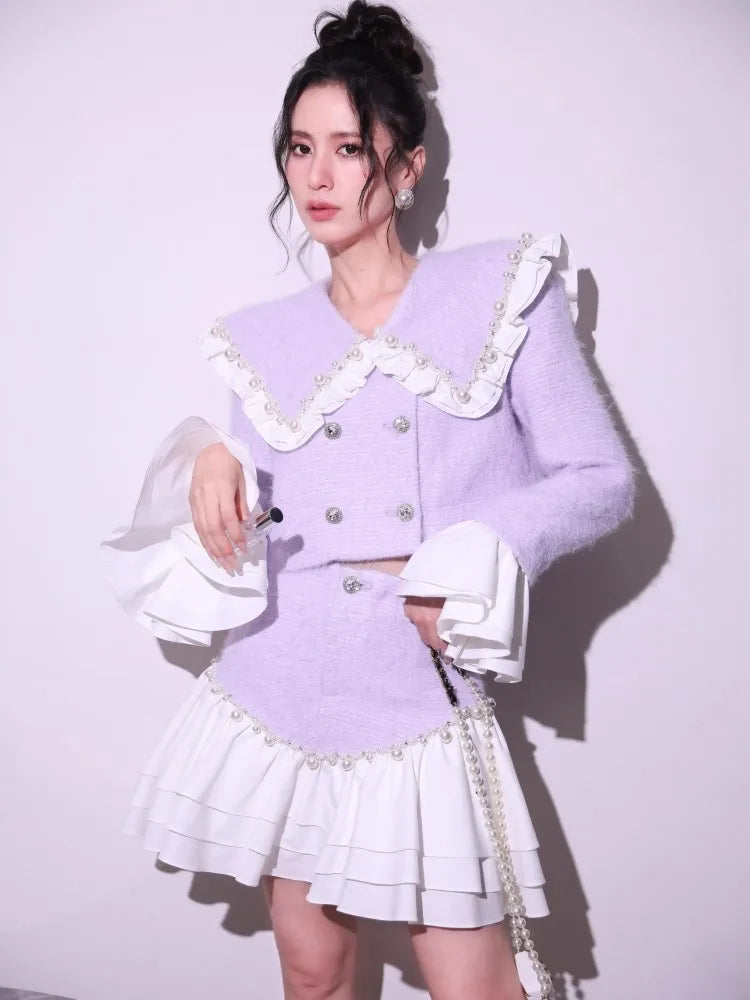 Fashion Sweet Office Lady Pearl Jacket Sets Double Breasted Ruffles Spliced Coat Outfits Light Purple Mini Skirt Two-Piece Set
