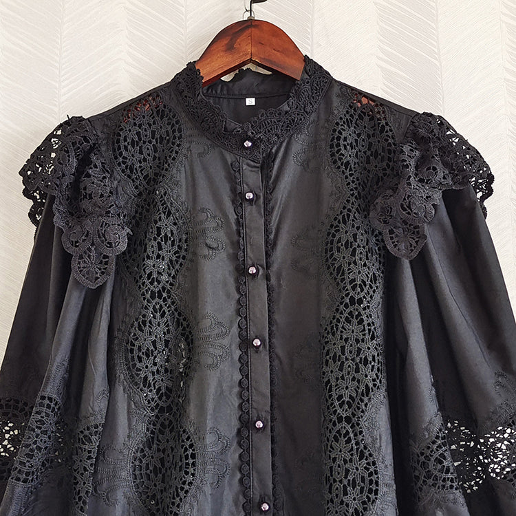 High Quality Vintage Flower Embroidery Lace Ruffled Puff Sleeve White Dress