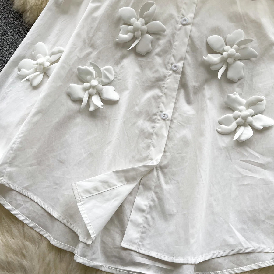 High-quality vintage high-neck loose blouse, elegant, long-sleeved, three-dimensional floral print