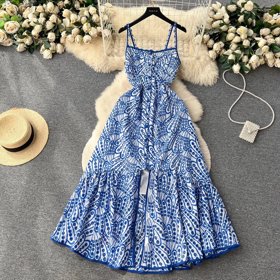 Quality Spaghetti Straps Ruffles Backless Sexy Hollow Out Embroidery Dress