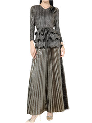 2-piece set of 3D flower pleated niche design lace-up T-shirt + loose elegant wide-leg pants