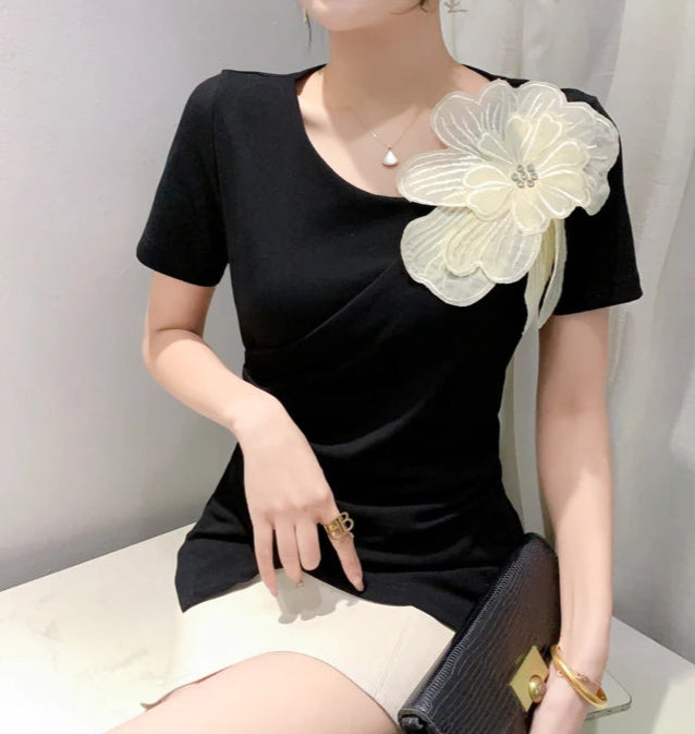 High Quality Pleated Cross Slash Neck Short Sleeve T-shirts