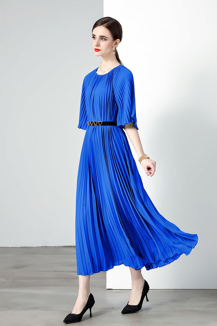 High Quality Printed Round Neck Lace Up Belt Maxi Pleated Long Dress