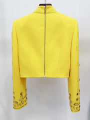 HIGH STREET Newest Designer Runway Suit Set Women's Stand Collar Zip Back Cropped Tops Mini Skirt Set 2pcs