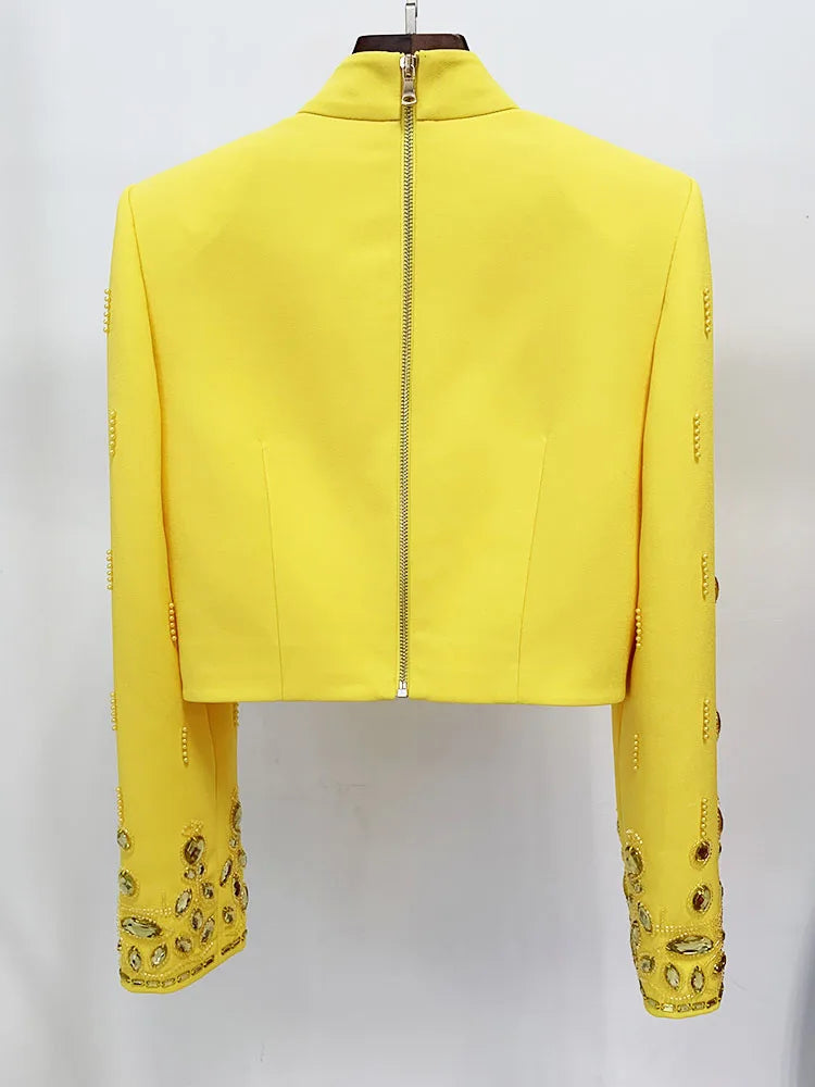 HIGH STREET Newest Designer Runway Suit Set Women's Stand Collar Zip Back Cropped Tops Mini Skirt Set 2pcs