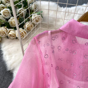 Fashion Temperament Bandage Slim Waist Dress Fairy Gauze Ruffled Long Robe Turn-down Collar Single Breasted Diamonds Vestidos