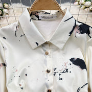 High Quality Satin Ink Print Polo Neck Long Sleeve A-Line Shirt Dress