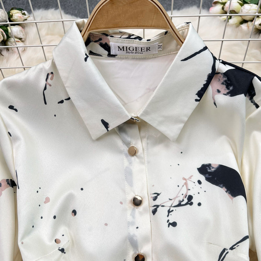 High Quality Satin Ink Print Polo Neck Long Sleeve A-Line Shirt Dress