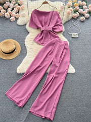 Royal style two-piece set, off-shoulder with high-quality wide-leg pants