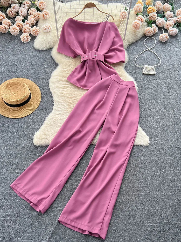 Royal style two-piece set, off-shoulder with high-quality wide-leg pants
