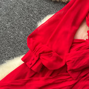 HIGH QUALITY Summer Retro Print Round Neck Flare Sleeve Elegant Pleated Dress