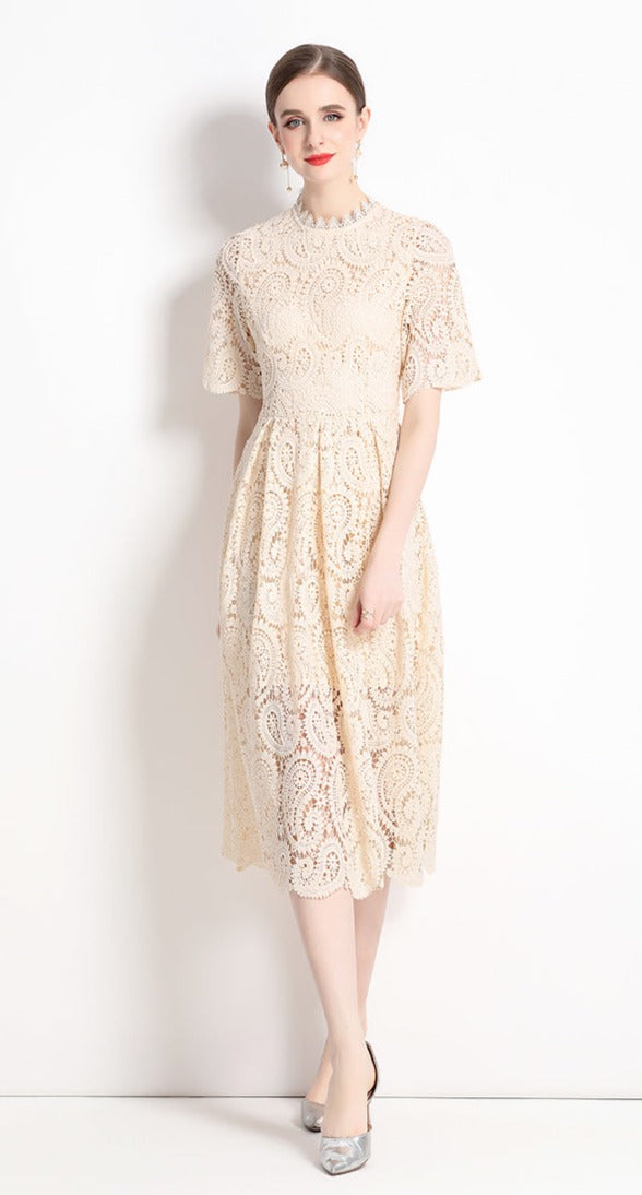 High Quality Hollow Out Short Sleeve Vintage Solid Midi Length Embroidery Lace Elegant Dresses