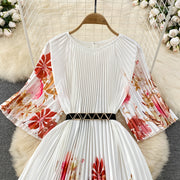 High Quality High Waist Short Sleeve Color Print Pleated O-Neck Dress