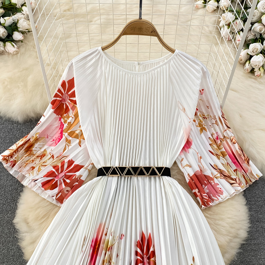 High Quality High Waist Short Sleeve Color Print Pleated O-Neck Dress