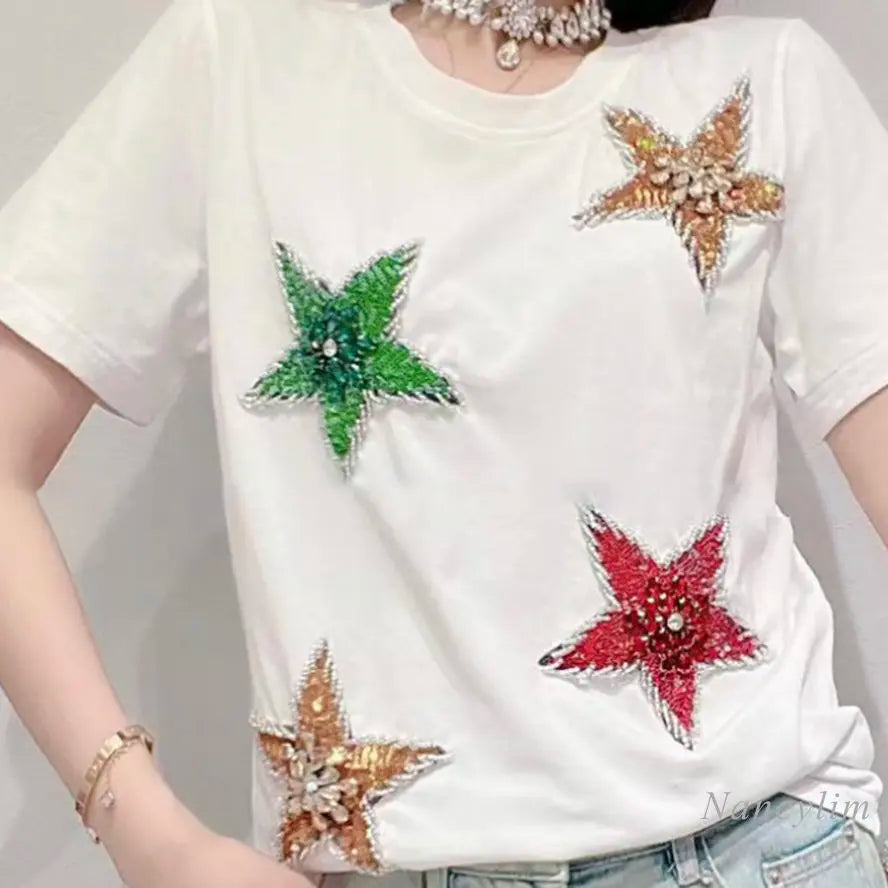 Design Sense Exquisite Rhinestone Five-pointed Star Short-Sleeved T-shirt for Women Summer New Loose Embroidered Tops Tees