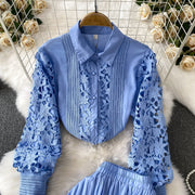 Skirt Sets Women Clothing Temperament Two Piece Set Patchwork Lace Blouses High Waist Hollow Out Long Skirts Suit Summer Outfits