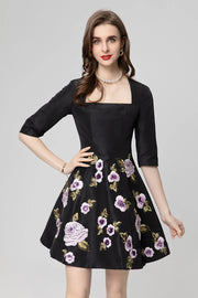 High Quality Elegant Flower Embroidery Pink Black Square Collar Half Sleeve Women Mini Dress