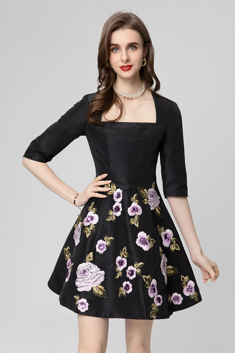 High Quality Elegant Flower Embroidery Pink Black Square Collar Half Sleeve Women Mini Dress