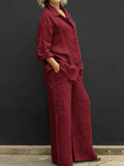 Casual Two Piece Set Cotton Linen Long Sleeve Shirt+Straight Pants