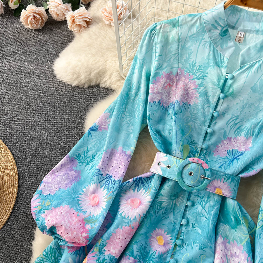 High Quality Floral Print Belted Long Flare Sleeve Stand Collar Flower Mini Dress