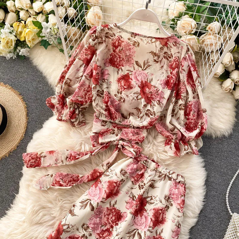 Sexy Two Pieces Sets Chic Bandage chiffon Shirt Top with sweet High Waist mermaid Skirt Beach Vacation Sets