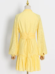 High Quality Stand Collar Long Sleeve Hole Embroidered Dress