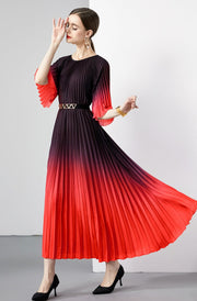 High Quality Vintage Oversized Loose Gradient Belt Lace Up O Neck Pleated Long Dress