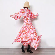 Floral Print Stand Collar Long Sleeve High Waist Slimming One Button High Quality Maxi Dress