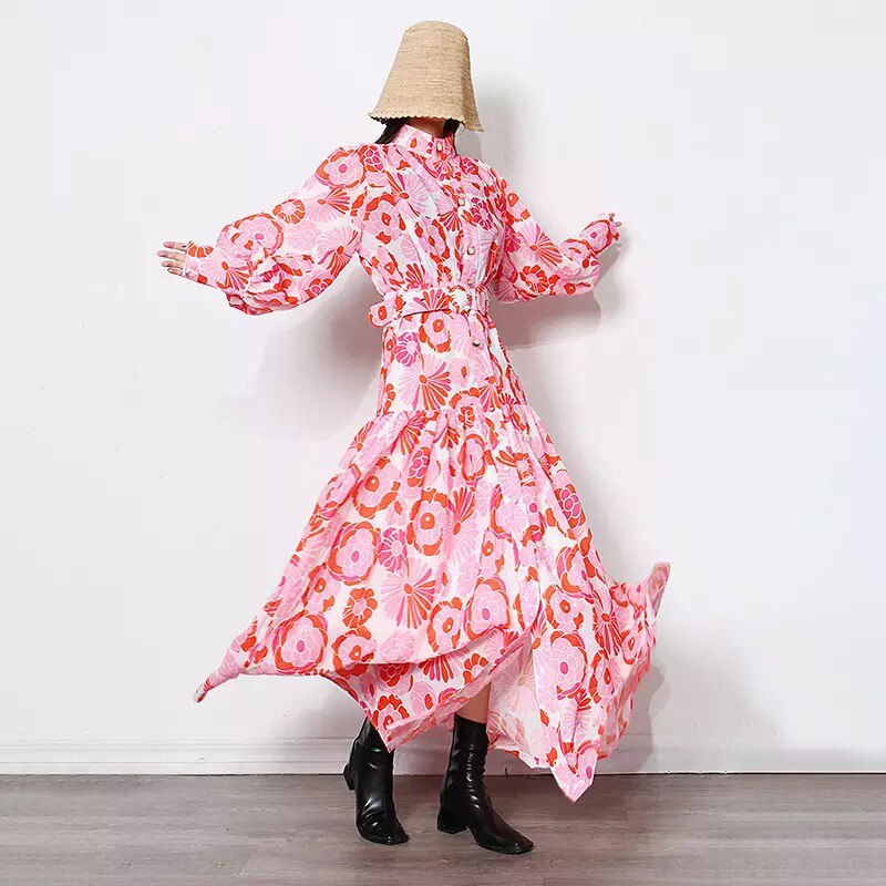 Floral Print Stand Collar Long Sleeve High Waist Slimming One Button High Quality Maxi Dress