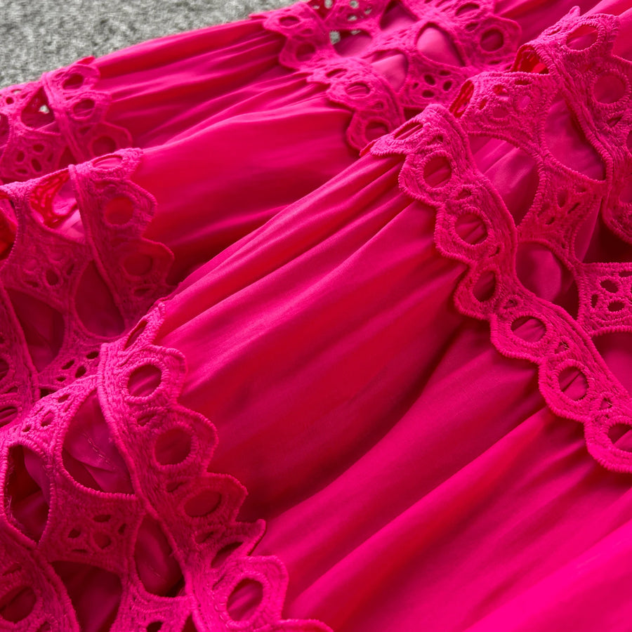 Sexy Hollow Out Embroidery Round Neck Sleeveless Bandage Long Dresses High Quality