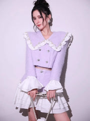 Fashion Sweet Office Lady Pearl Jacket Sets Double Breasted Ruffles Spliced Coat Outfits Light Purple Mini Skirt Two-Piece Set