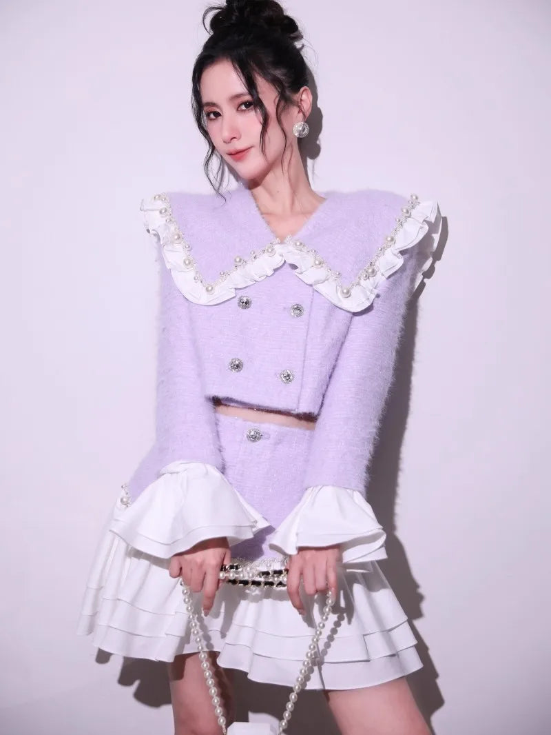 Fashion Sweet Office Lady Pearl Jacket Sets Double Breasted Ruffles Spliced Coat Outfits Light Purple Mini Skirt Two-Piece Set
