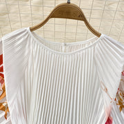 High Quality High Waist Short Sleeve Color Print Pleated O-Neck Dress