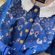 High quality short sleeve elegant blue white pink lace dress with gold buttons and belt below knee length.