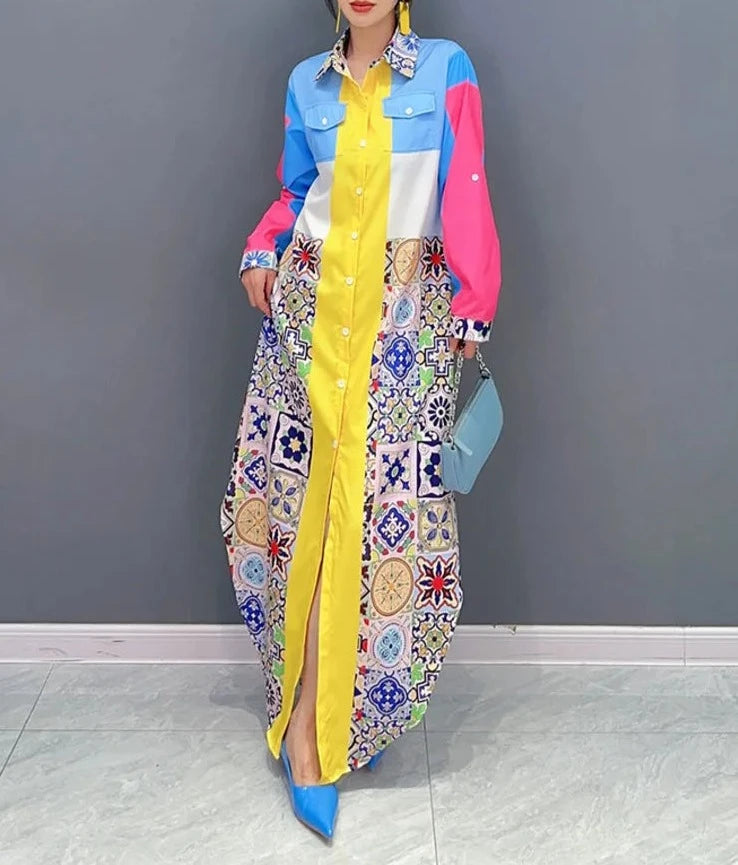 High Quality Prints Loose Patchwork Elegant Lapel Color Block Shirt Dress