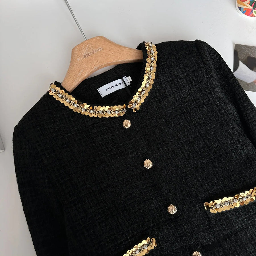 Small fragrance female high-grade single-breasted short coat temperament high-waist skirt two-piece