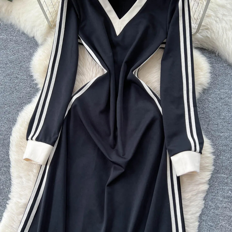 Chic vintage patchwork striped dress Elegant Fairy korean fashion autumn Party women clothing