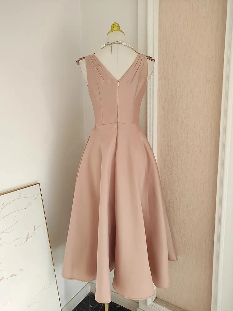 Elegant Thick Satin Special Occasion Evening Prom Dresses For Women Sexy V Neck Cup Padded Diamonds Bow Tank Solid Midi Vestidos