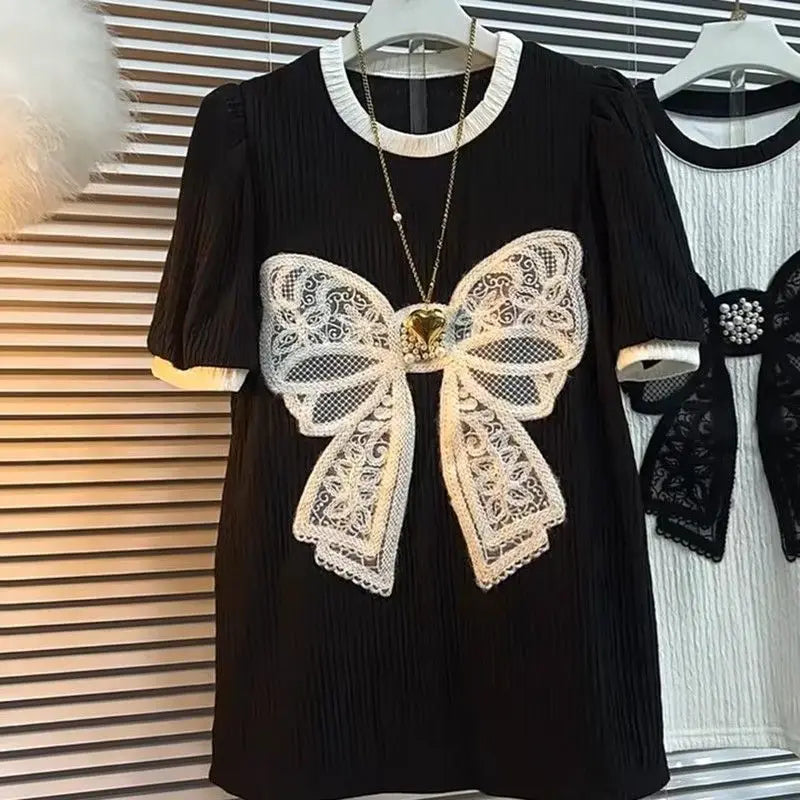 High Quality Vintage Bows Solid Color Short Sleeve Loose T-shirts