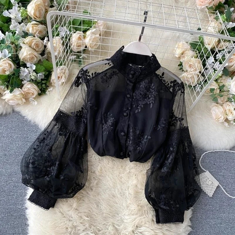 Slim fit shirt with embroidered puff sleeve and stand collar, high quality elegant and sweet trend