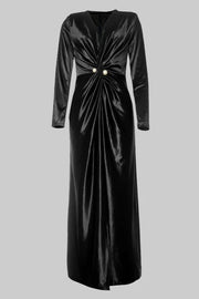 Women's Solid Color Pleated Split Front Tied Waist Bodycon Long Sleeves Deep V Neck Maxi Party Dresses