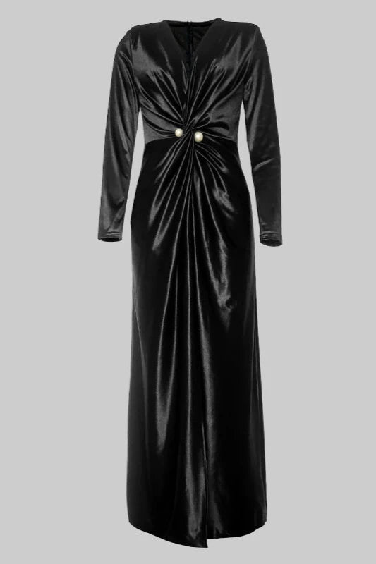 Women's Solid Color Pleated Split Front Tied Waist Bodycon Long Sleeves Deep V Neck Maxi Party Dresses