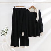 2 Piece Set Wide Leg Pants + Elegant Long Sleeve Crew Neck Front Slit Bow Sweater