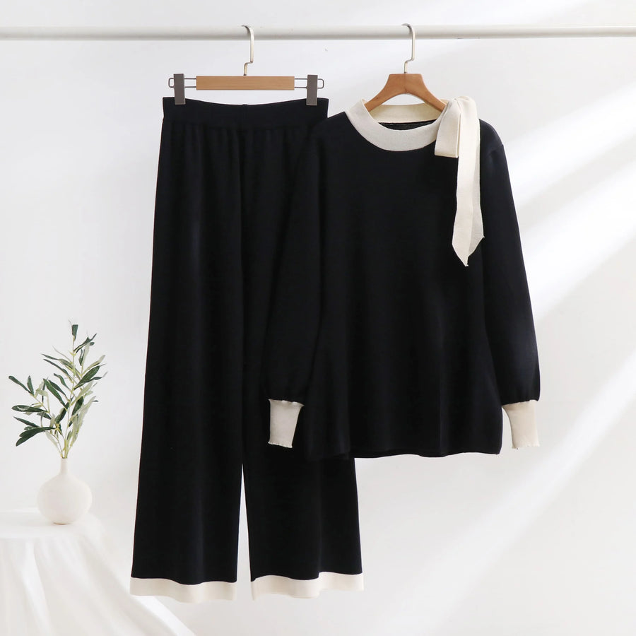 2 Piece Set Wide Leg Pants + Elegant Long Sleeve Crew Neck Front Slit Bow Sweater