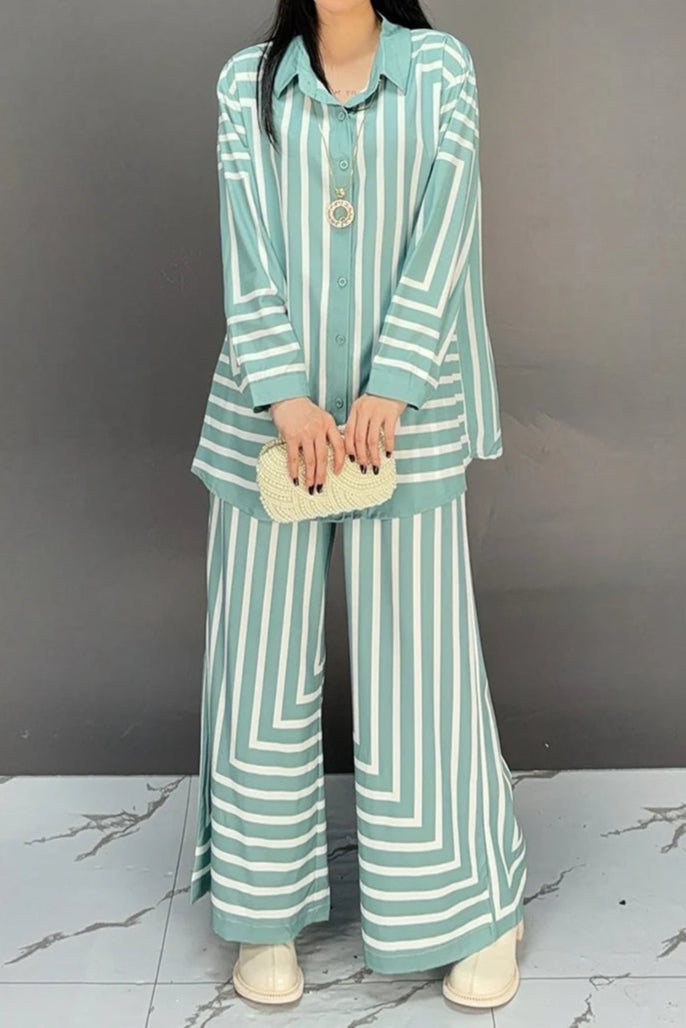 High quality striped long sleeve top+loose pants two piece set