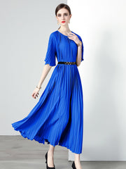 High Quality Printed Round Neck Lace Up Belt Maxi Pleated Long Dress