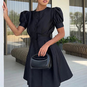 Spring Solid Pearl Buckle A-Line Party Dress Ladies Sweet Office Mini Dress Fashion Puff Short Sleeve French Temperament  Dress