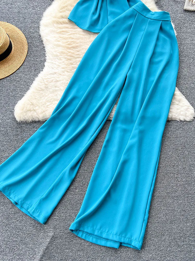 Royal style two-piece set, off-shoulder with high-quality wide-leg pants